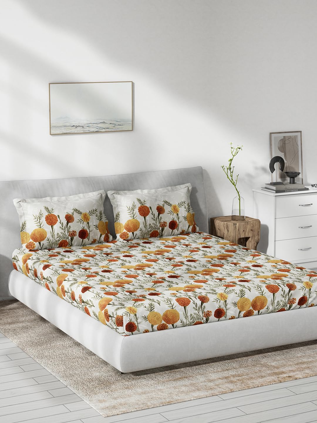 DDECOR Live Beautiful 100% Pure Combed Cotton 145TC Floral King Flat Bedsheet with 2 Pillow Covers | Soft & Comfortable | Everyday Bedroom Use | Souvenir Collection | 228 CM X 274 CM - Yellow-picture-11