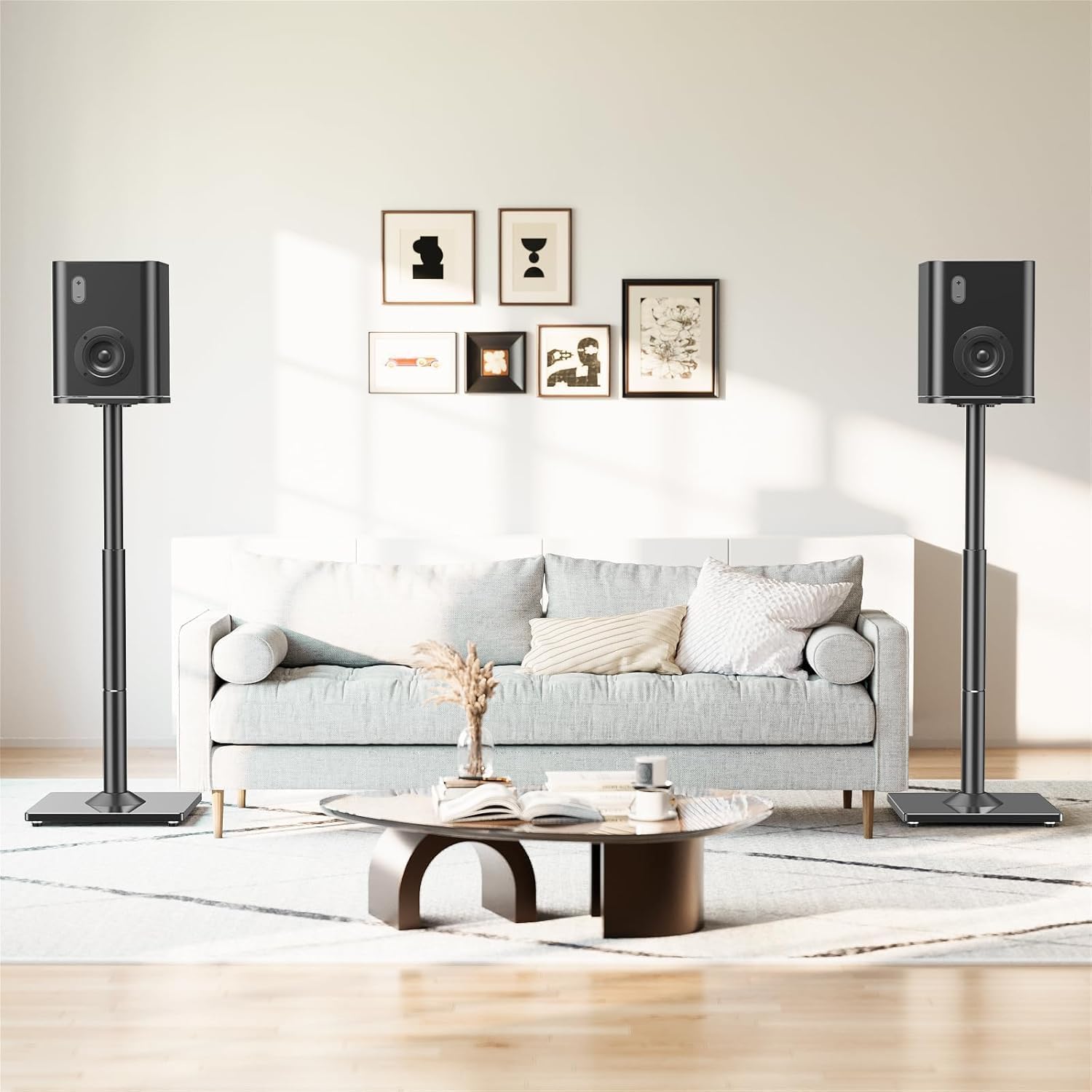 ELIVED Universal Lautsprecherständer höhenverstellbar bis 95cm, Boxenständer mit Glassockel & interner Kabelkanal für Regallautsprecher, 10kg Tragkraf, Schwarz, 1 Paar