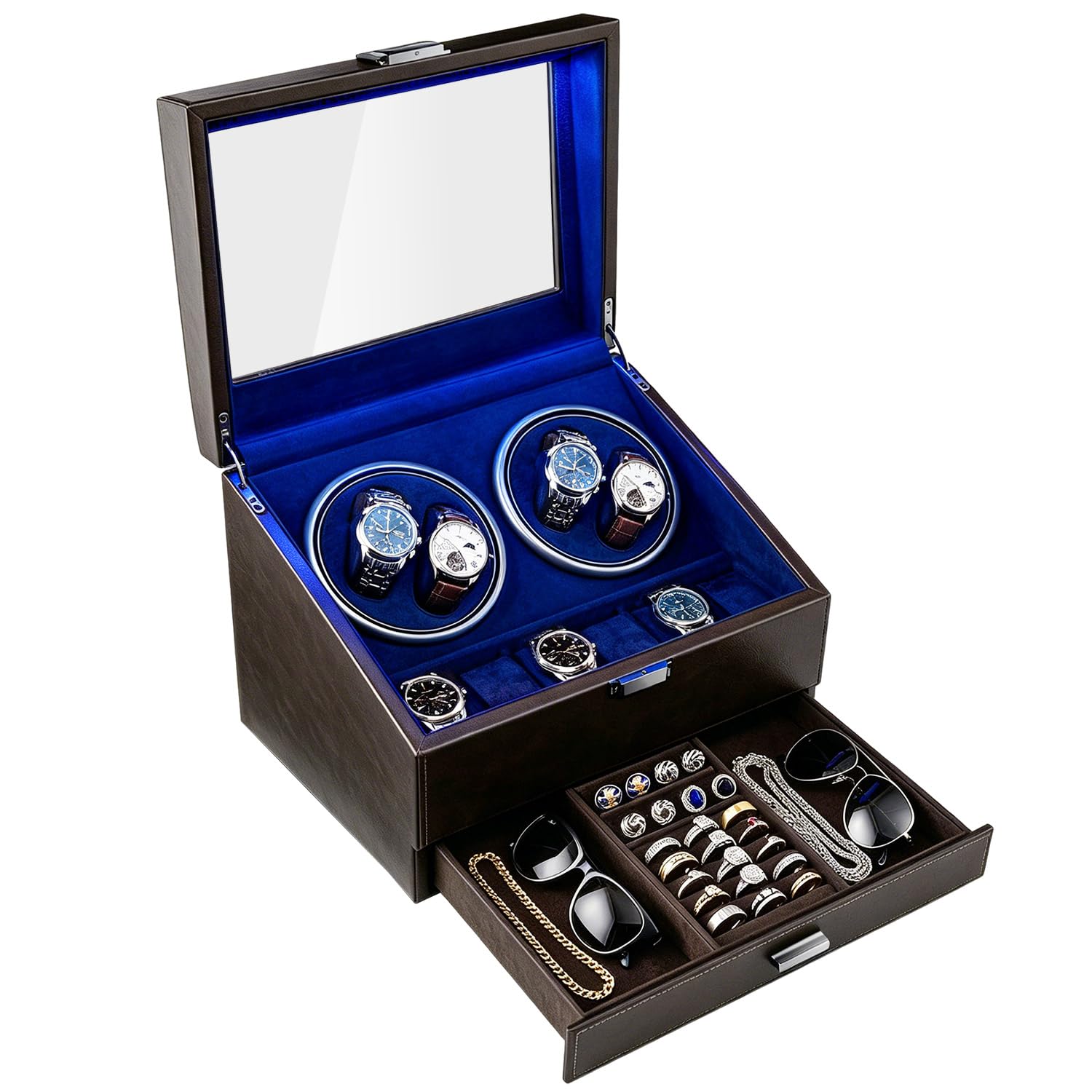 Mcbazel Automatik Uhrenbeweger für 4 Uhren, Leiser Uhrendreher mit 6 Speicherplätzeaus PU Leder mit LED Beleuchtung, Automatikuhren Box mit Schmuckaufbewahrung (Braun)