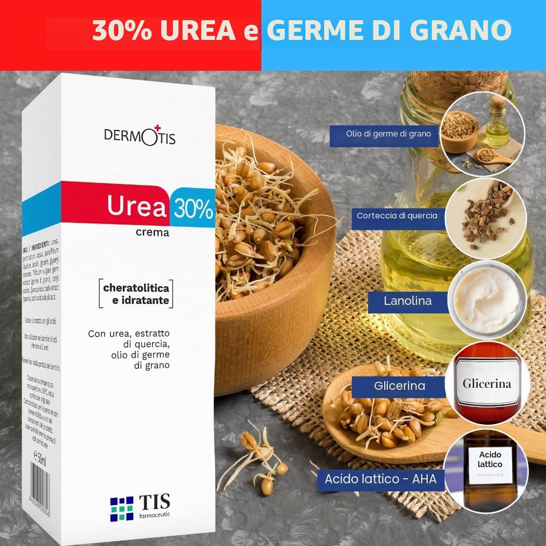 TIS - Crema con urea 30%, per rimozione cicatrici e ferite, eczemi, cheratosi, psoriasi, eruzioni cutanee. Con acido lattico - Alfaidrossiacidi, corteccia di quercia e olio di germe di grano.
