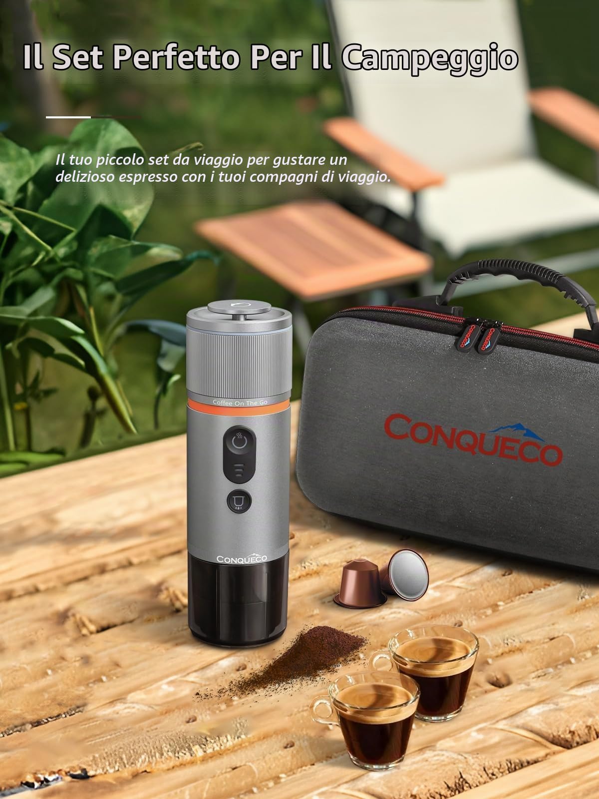 CONQUECO Macchina da Caffè Espresso Portatile - Caffettiera Elettrica da Viaggio con Batteria - per 12V Auto e Camion e Campeggio - Compatibile con la Capsula Nespresso e la Capsula L'or