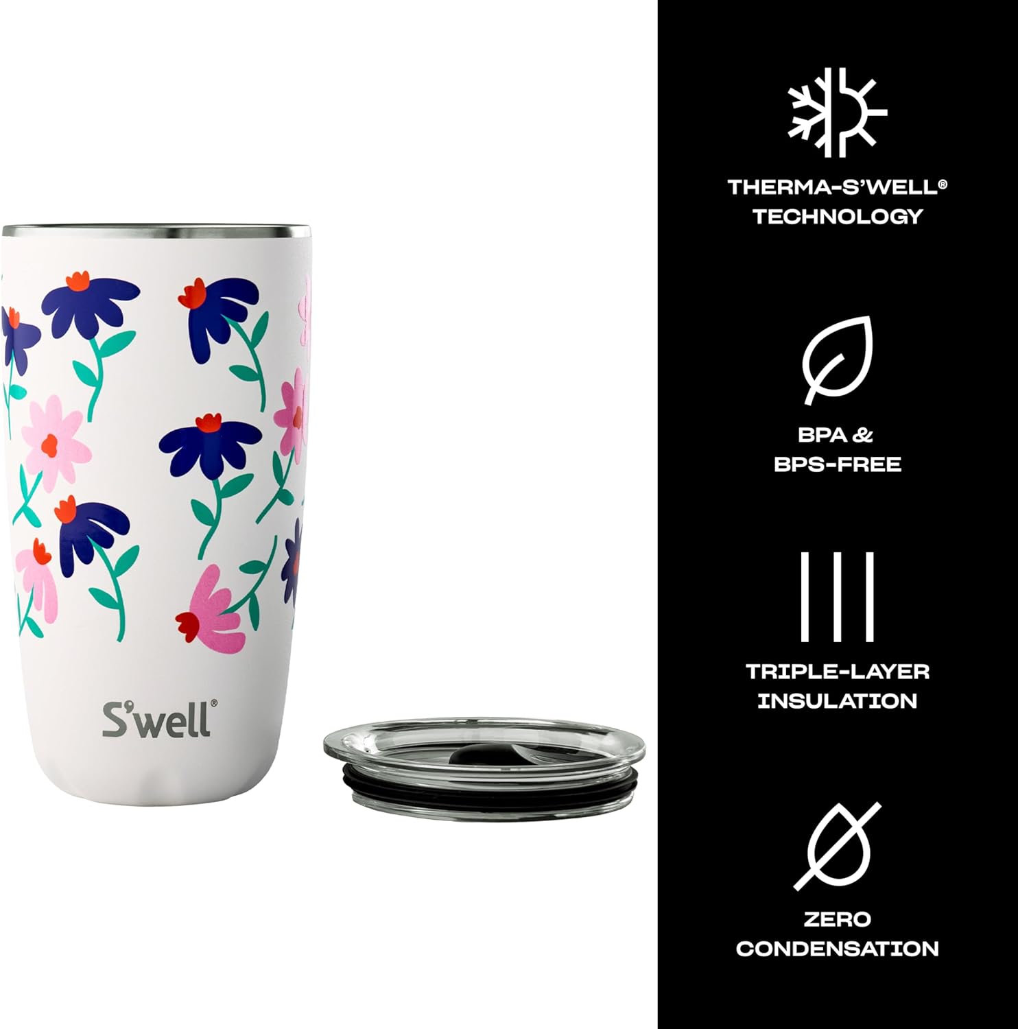 S'well Stainless Steel Tumbler with Slide-Open Lid, 18oz, Navy Daisy, Triple Layered Vacuum Insulated Containers Keeps Drinks Cold for 12 Hours and Hot for 4, BPA Free - Image 3