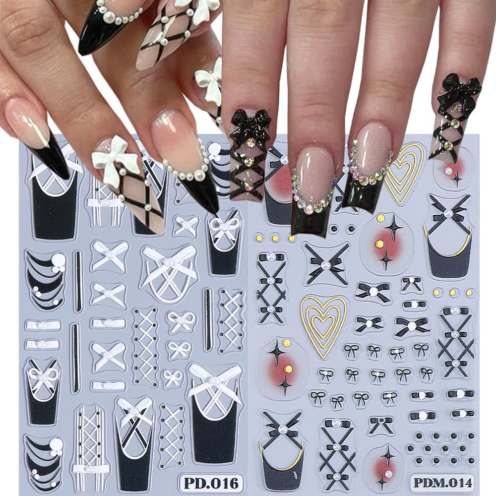 2 Sheets Bow Black Nail Stickers for Nail Art, 3D Embossed Black White Bow Self-Adhesive Nail Decals French Nail Supplies Nail Art Designs Accessories for Women and Girls Manicure DIY Decoration