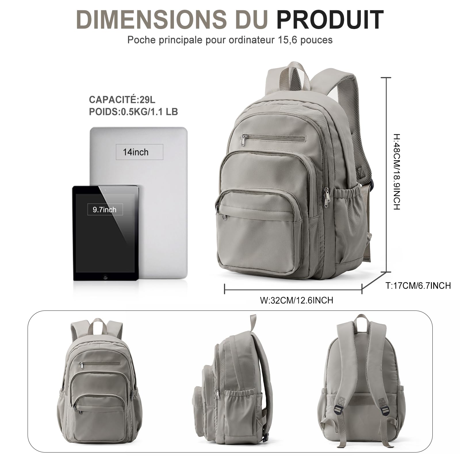 Sac Scolaire Cartable pour Fille Garcon, Sac à Dos Lycee Multi-poches Scolaire Sac avec Compartiment Ordinateur, Cartables Scolaires Imperméable et Léger pour L'école(Gris)