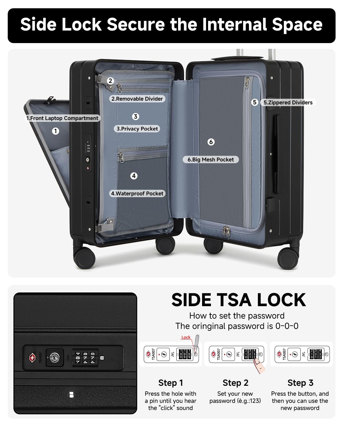 Sea choice Valise Rigide PC Légère avec Compartiment pour Ordinateur Portable Bagage à Main Trolley avec 4 roulettes Doubles Pivotantes et Serrure TSA Chargement USB, Porte-gobelet