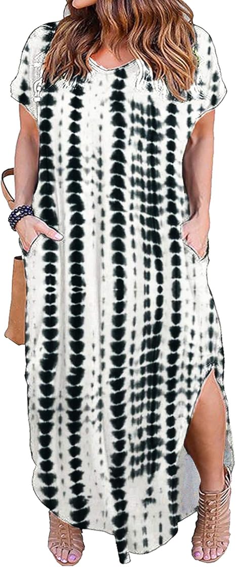 Kancystore Women's Plus Size Dresses Casual Loose Pocket Short Sleeve Slits Plus Size Long Maxi Dress XL-5X