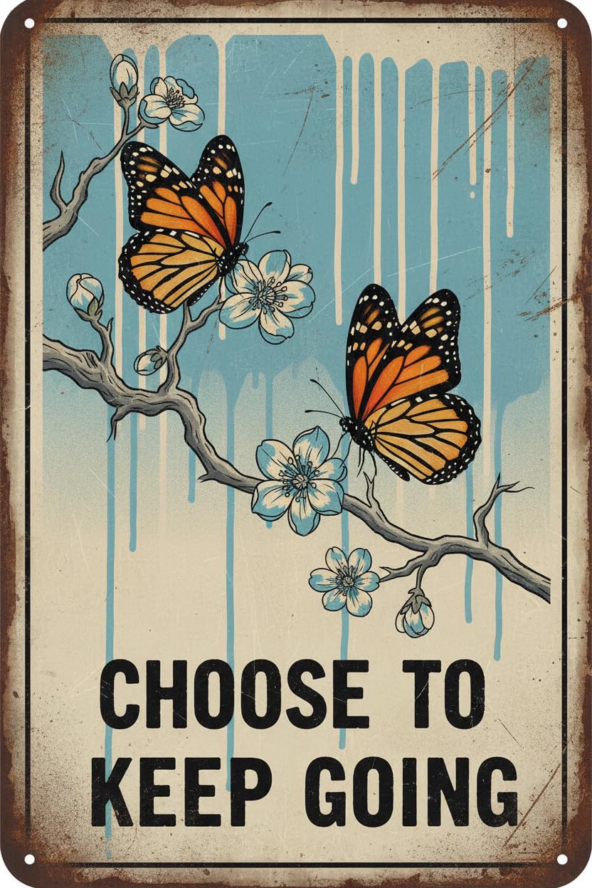 Choose To Keep Going Butterfly Flower Tin Sign, 8x12 Inch