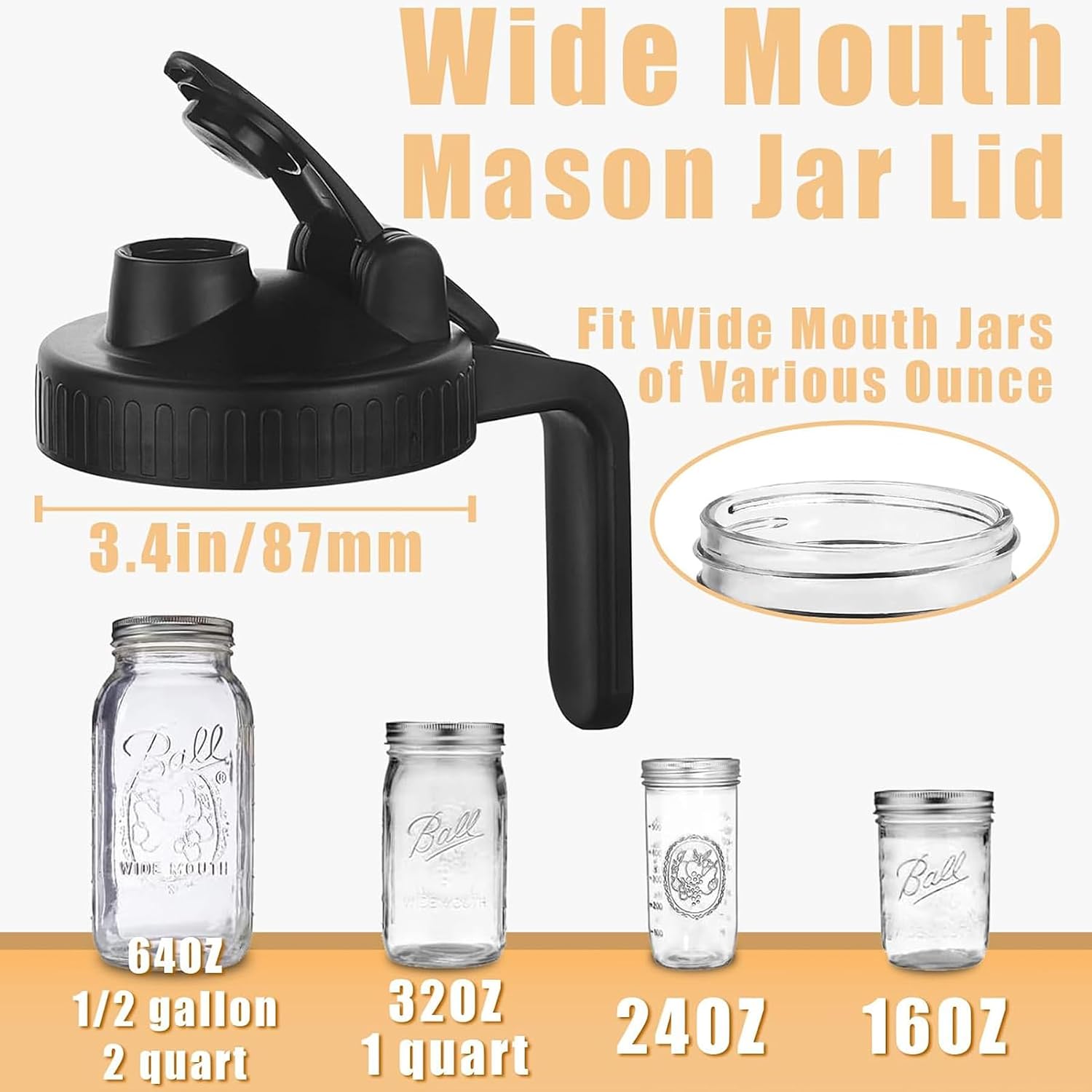 Mason Jar Pour Spout Lid for Wide Mouth Mason Jars, Leak Proof Seal Cover, Mason Jar Pitcher Flip Cap Airtight Handle Lid (Pack of 2)