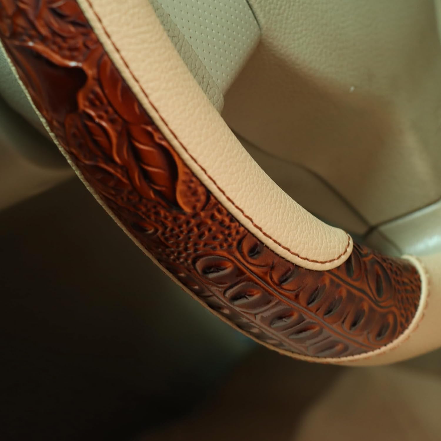 PU Leather Auto Car Steering Wheel Cover,Anti Slip Universal 15 Inch (Beige)
