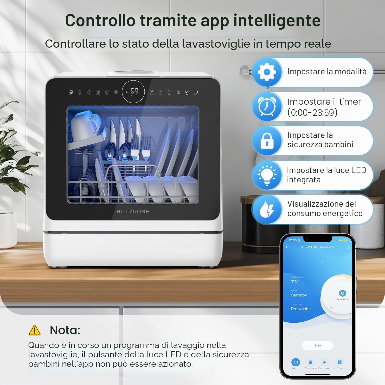 Mini lavastoviglie BLITZHOME controllo smart app, 8 programmi, lavastoviglie da tavolo portatile, serbatoio dell'acqua da 5 l, utilizzabile con/senza collegamento acqua, asciutto, prenotazione