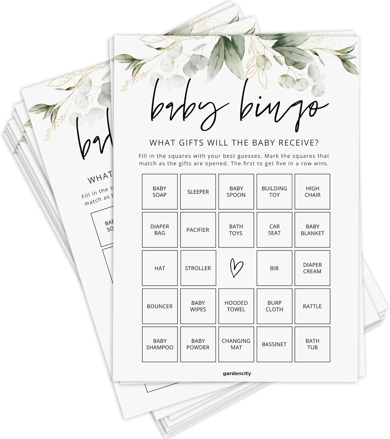 Baby Bingo Game (60 Unique Cards), Pre-Filled Fun Baby Shower Games, Perforated Calling Cards, Gender Neutral Boy or Girl, Minimalist (Eucalyptus)