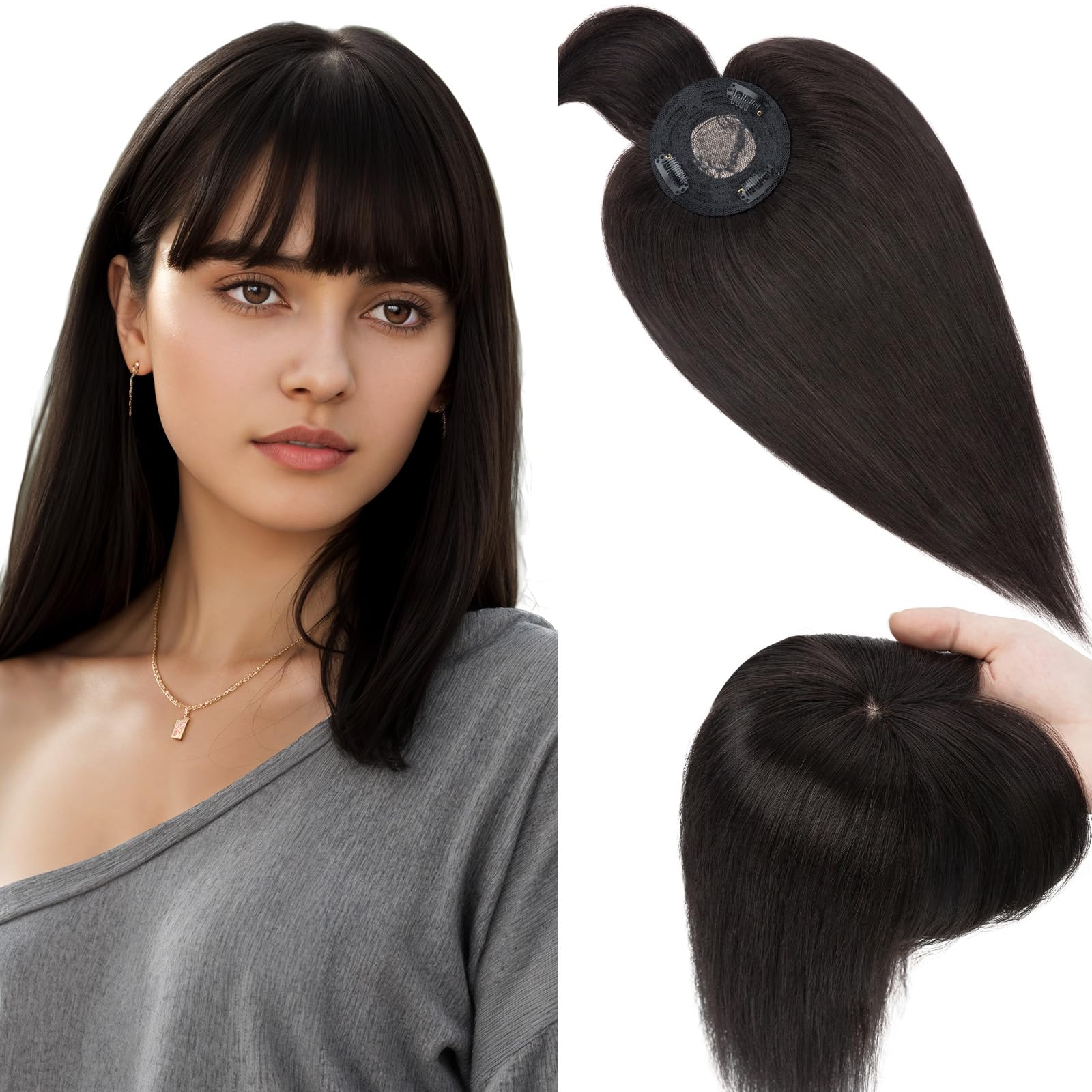 Elailite Hair Topper Donna Capelli Veri Clip 40cm #1B Nero Naturale Toupet Toupee Frangia Capelli Naturali Indiani Protesi 10cm*10cm con Mono 42g