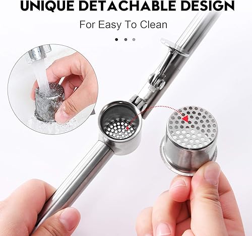 Miniatura 4 de Juego de trituradora y pelador de ajo, acero inoxidable 304, largo, desmontable, a prueba de óxido, diseño de picadora para mayor extracción de ajo,