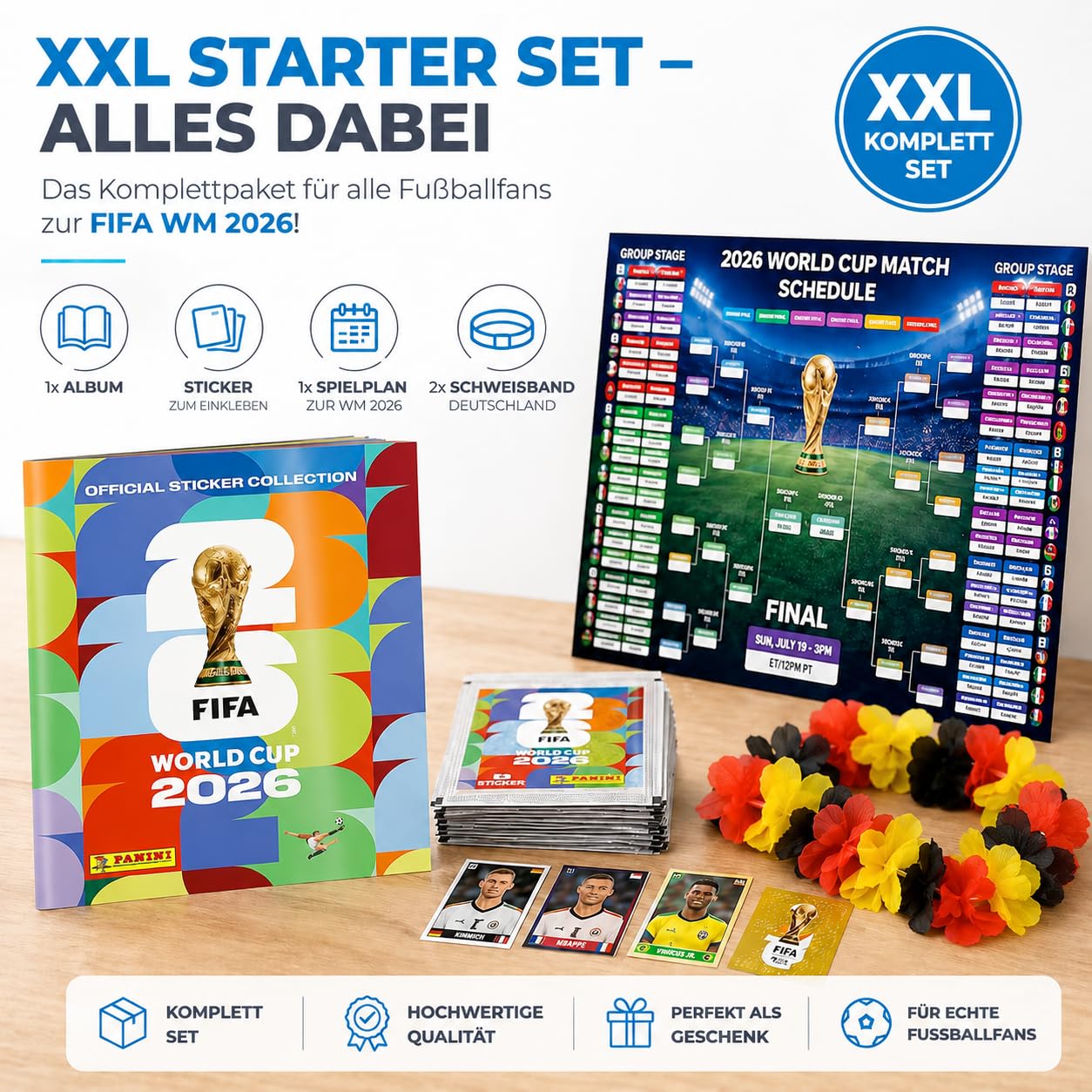TK Gruppe Timo Klingler Panini Mistrzostwa Świata 2026 XXL Set – Album & Naklejki – Plan Meczów, Wianek Kibica, Album Kolekcjonerski do Zbierania Piłkarskich Naklejek (50 Saszetek / 350 Naklejek)