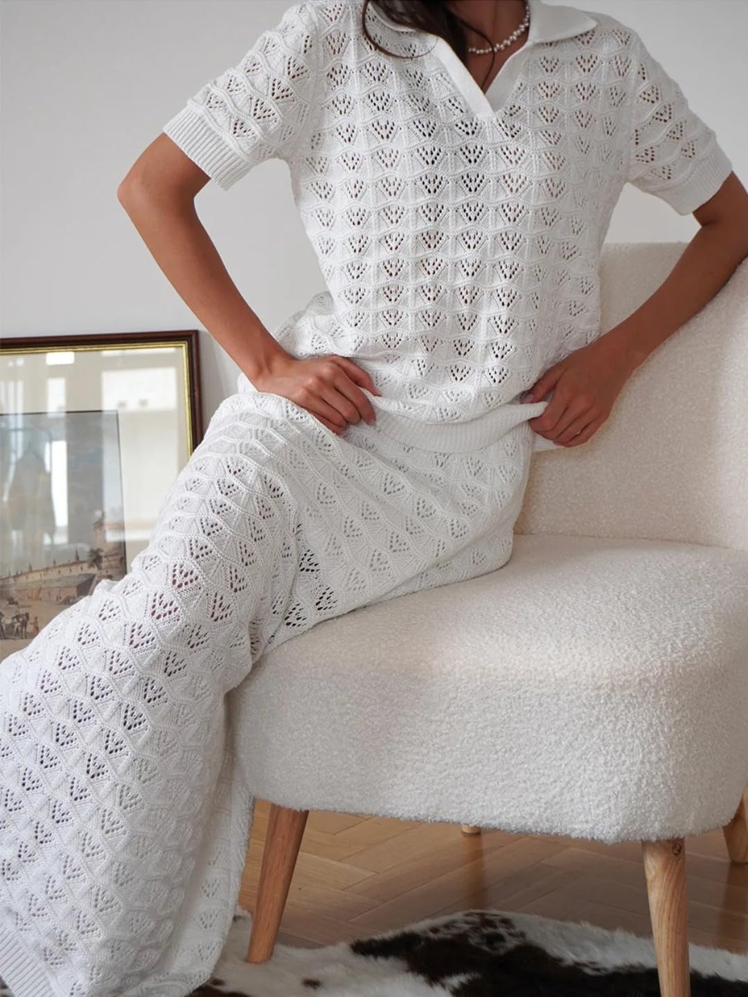 Women Leisure Knitted Hollow Out Lapel Short-Sleeved Long Skirt Suit (White,Large)