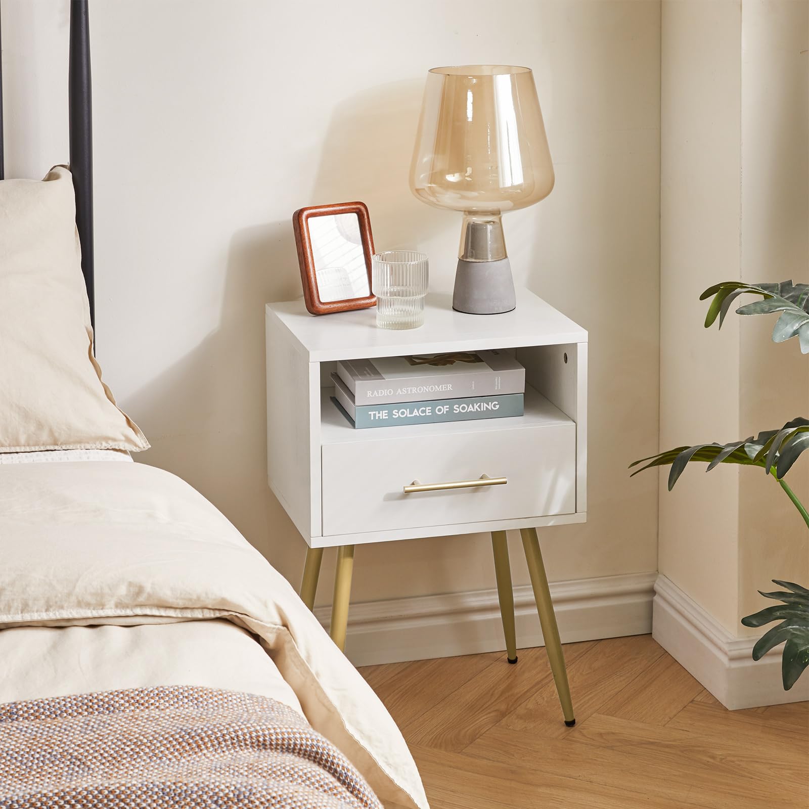 IBUYKE Mesita de Noche Moderna de Mediados de Siglo con Patas, Minimalista y práctica con Espacio de Almacenamiento de 2 Niveles, para Dormitorio, Sala de Estar, Blanco