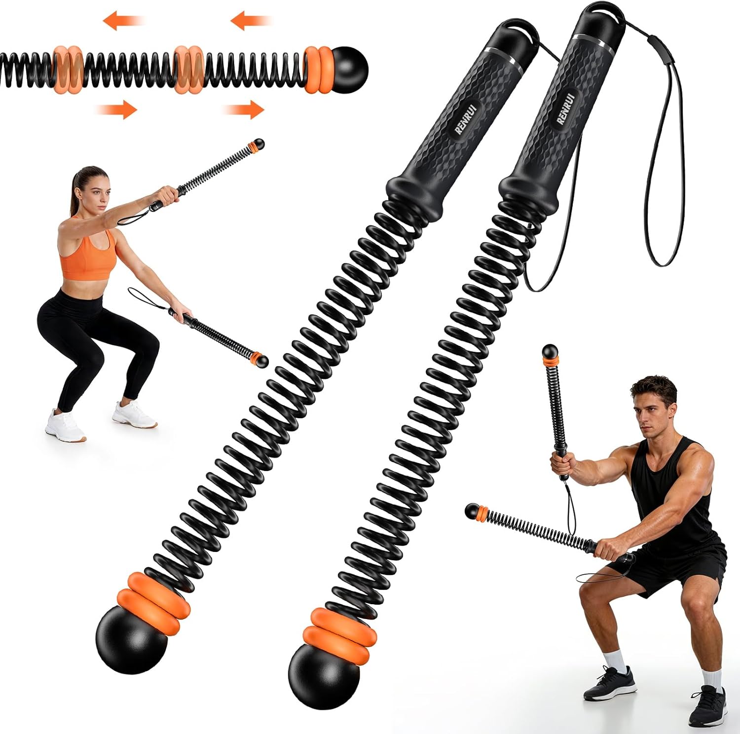 Cordless Battle Ropes with Adjustable Resistance Springs – Weighted Ropeless Battle Rope for Home Gym, Portable Workout Equipment for Strength Training & Cardio Fitness Black & Orange