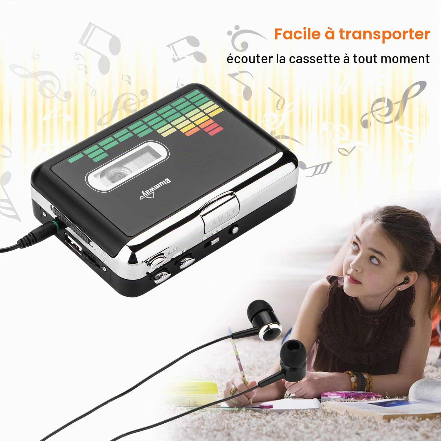 BlumWay Convertisseur de cassette USB en MP3, lecteur de cassette portable Convertisseur de cassette numérique Lecteur de musique audio Convertisseur de cassette avec casque et étui de transport