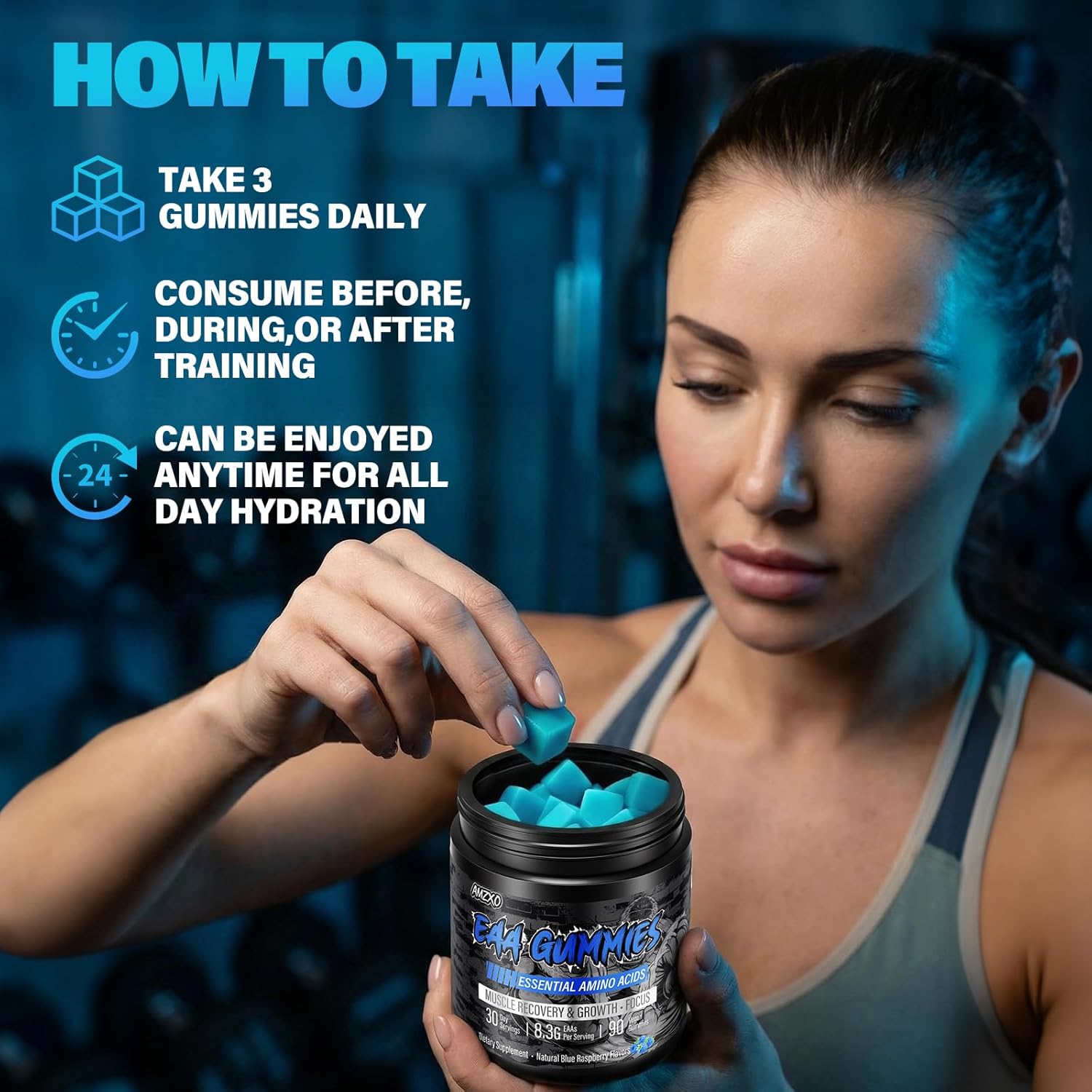 EAA Gummies - 2:1:1 BCAA Formula (8300mg) - Essential Amino Acids for Muscle Recovery & Endurance - Non-GMO, Gluten Free, Sugar Free, Vegetarian, Blue Raspberry Flavor - 90 Count