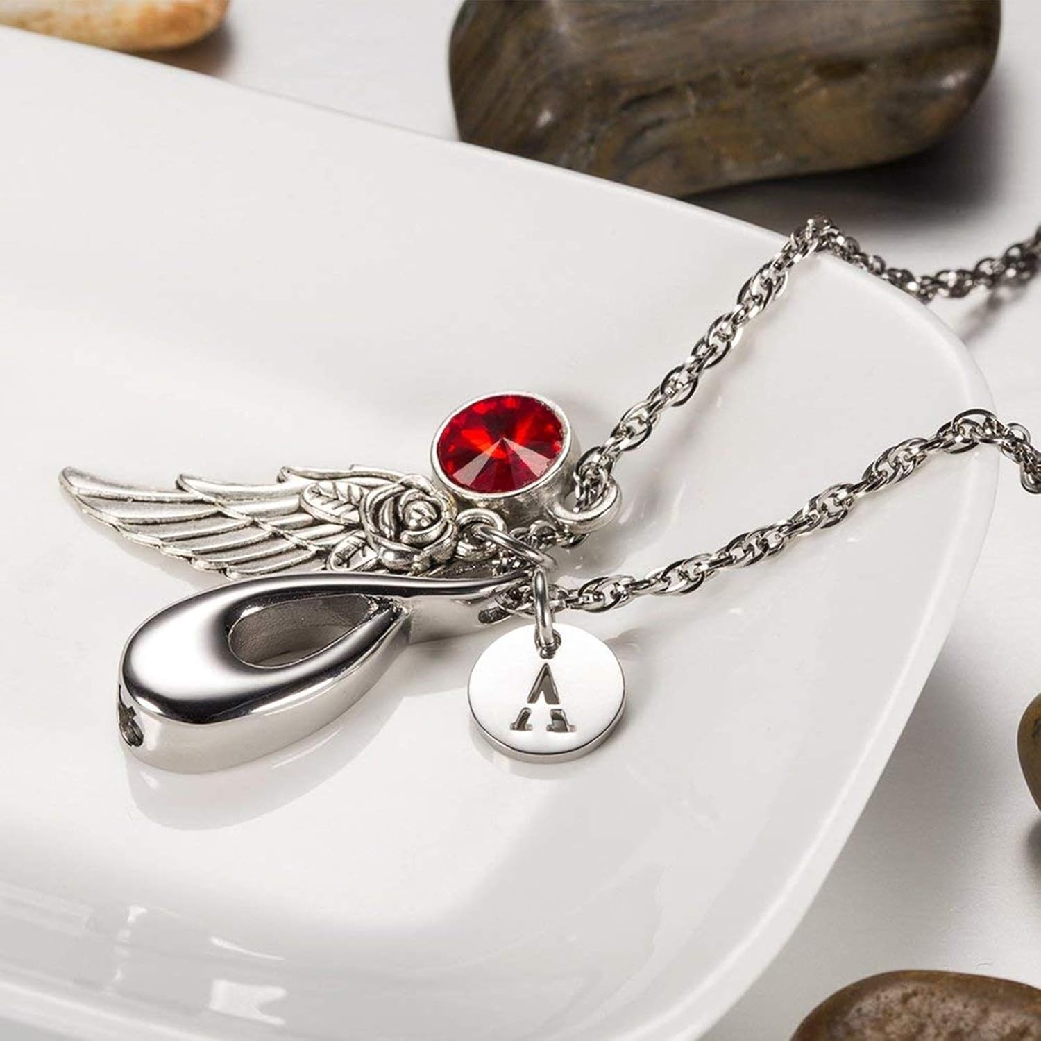 Gualiy Ash Necklace Urn Stainless Steel Infinity Symbols with Birthstone, Angel Wings & 26 Letter Ashes Locket Necklace