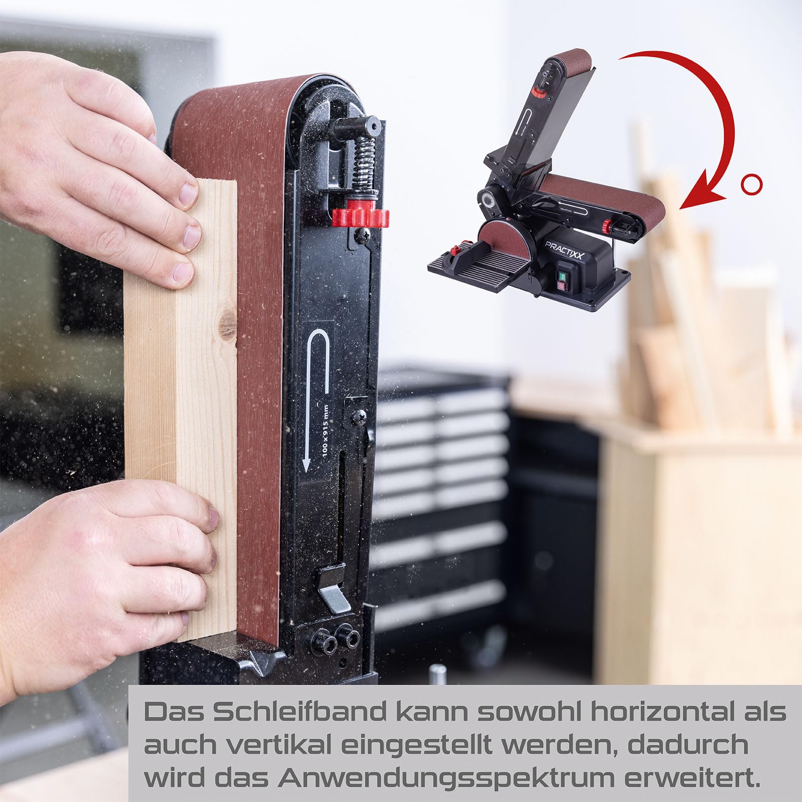 Practixx Band- und Tellerschleifer PX-BTS-370 Bandschleifer | 370W | Ø150mm Schleifteller | Bandlänge 100x915mm | Band-Speed 450m/min | Alu-Tisch & Queranschlag | Schleifmaschine mit 6-tlg Schleifset