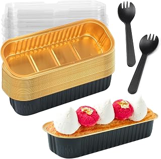 20 Pack Mini Loaf Pans with Lids and Spoons,Mini Cake Pans with Lids,Rectangle Aluminum Foil Baking Pans Tins Containers,Disposable Cupcake Baking Cups Muffin Tins for Birthday Party (Black&Gold)