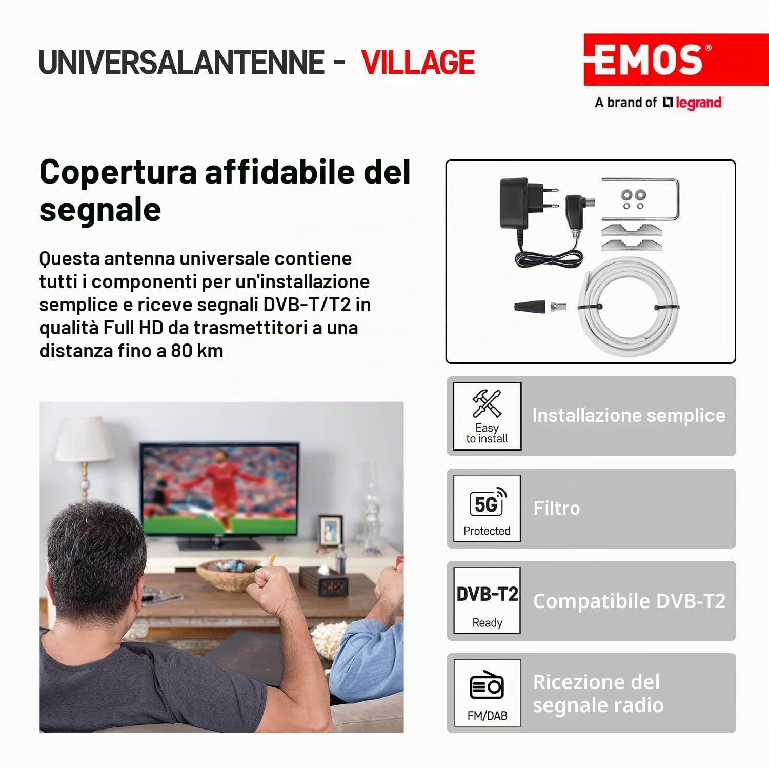 EMOS Antenna esterna DVB-T2 con amplificatore, antenna esterna attiva per massima potenza del segnale, filtro LTE integrato e 5G, per ricezione remota 0-100 km, collegamento a DVB-T, ricevitore DVBT-2