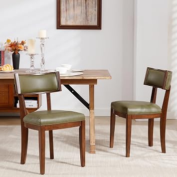 LZAREAL Mid Century Modern Dining Chairs Set of 2 Farmhouse Dining Room Chairs with Curved Backrest Dining Chair with Walnut-Colored Wood Legs for Kitchen Dining Room Home, Faux Leather, Green