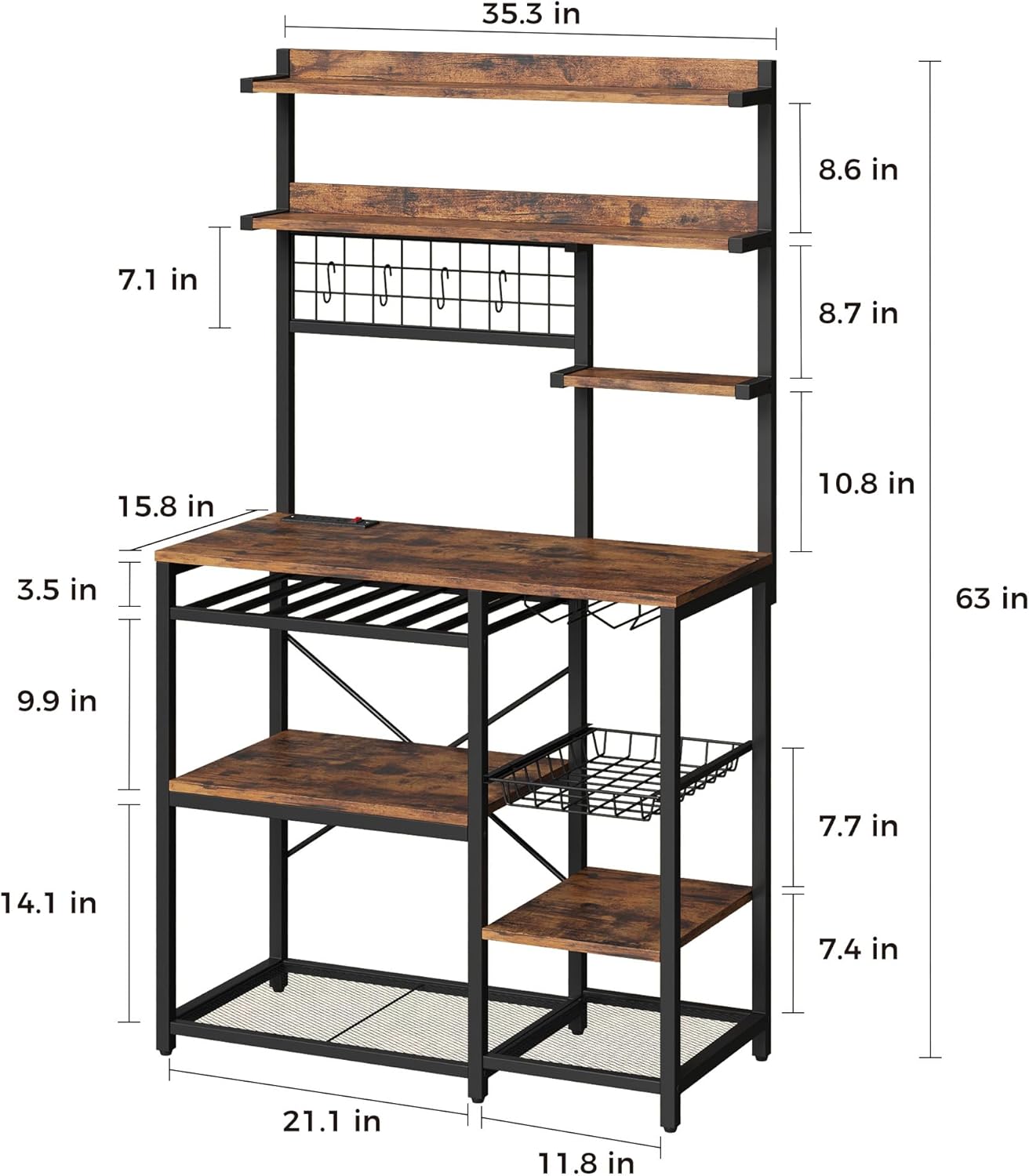IRONCK Bakers Rack with Power Outlet, 7-Tier Coffee Bar Microwave Stand, Solve Kitchen Clutter with Wine Rack, Wire Basket and Hooks, Rustic Brown