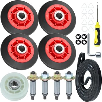 Upgraded 4392067 Dryer Repair Kit with WPW10314173 Drum Rollers | 661570V Dryer Drum Belt, 279640 Dryer Idler Pulley, WPW10359271 and WPW10359272 Dryer Drum Support Roller Shaft Kit for Dryer
