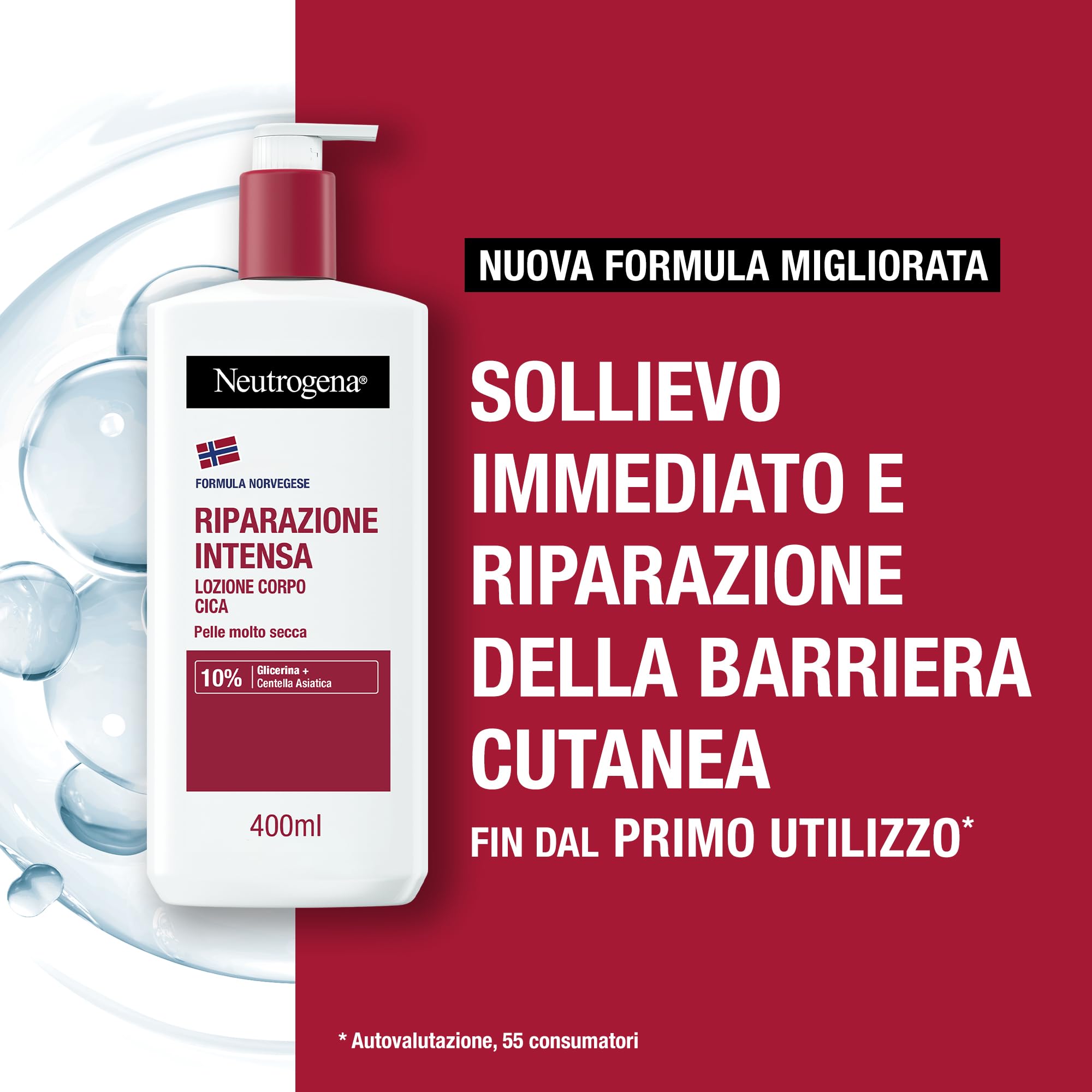 Neutrogena Formula Norvegese Lozione Corpo CICA Riparazione Intensa, Crema corpo riparatrice per 72h di nutrimento, Crema idratante corpo con 10% Glicerina, Crema corpo idratante pelle secca, 400 ml