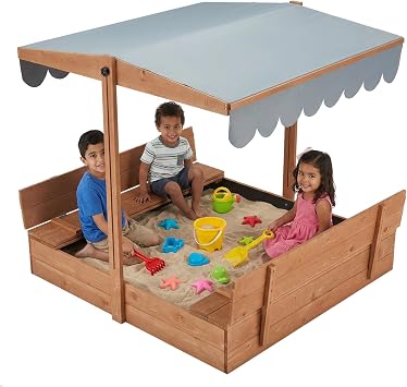 YOLENY Sandbox with Lid,Kids Sandbox with Cover Outdoor,Wooden Sand Box with 2 Foldable Bench Seats,Adjustable UV-Resistant Roof & Bottom Liner,Sand Box for Kids Ages 2-8, Perfect for Backyard,Beach