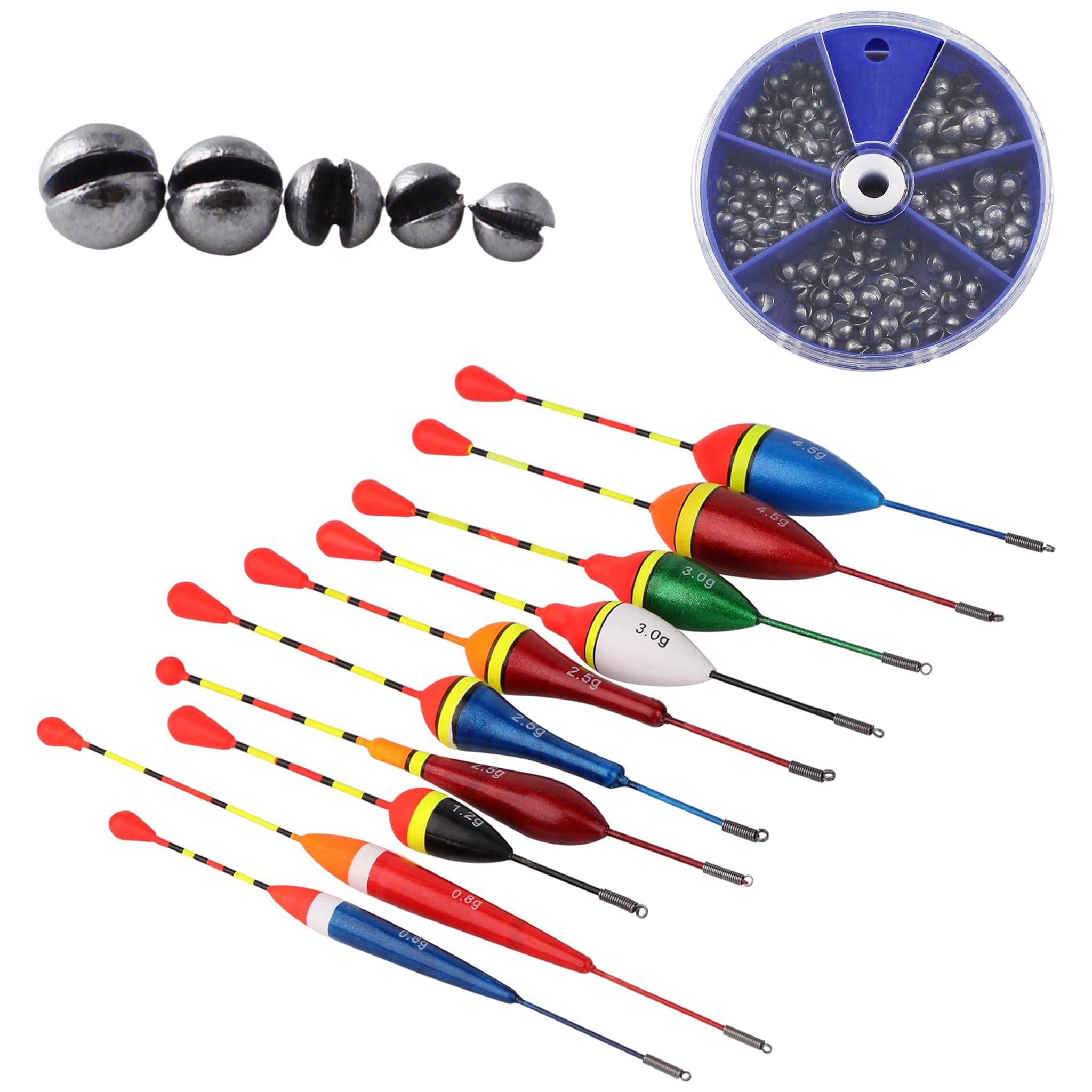 Set Angelposen: 10 Posen para Truchas, 100 Plomos de 5 Tamaños, Accesorios de Pesca para Lago o Estanque - Juego Completo para Caja de Pesca
