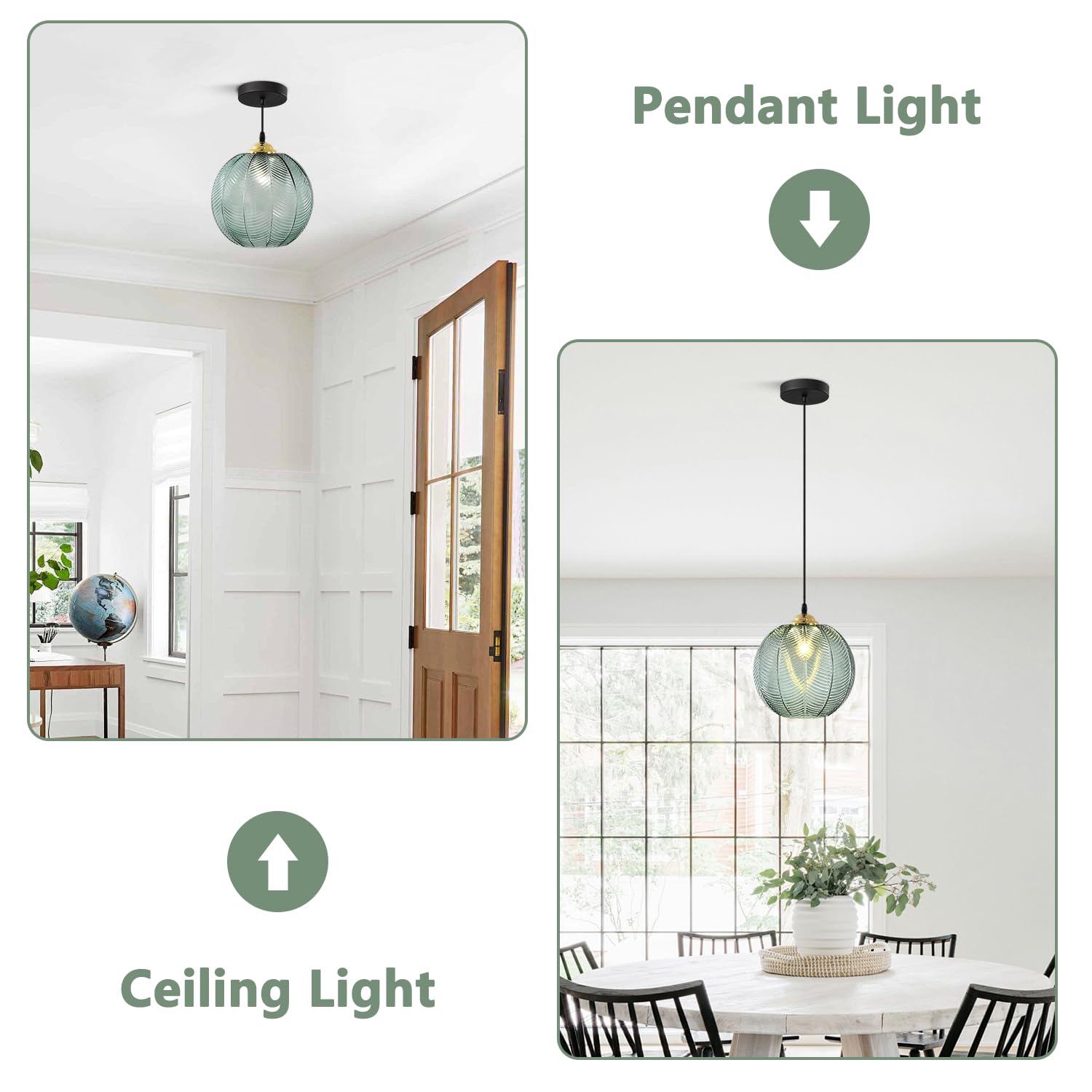 KCO Iluminación moderna de globo grande colgante lámpara colgante de cristal verde nórdico, lámpara colgante negra para cocina, casa de campo, isla de cocina, luz vintage individual verde para colgar