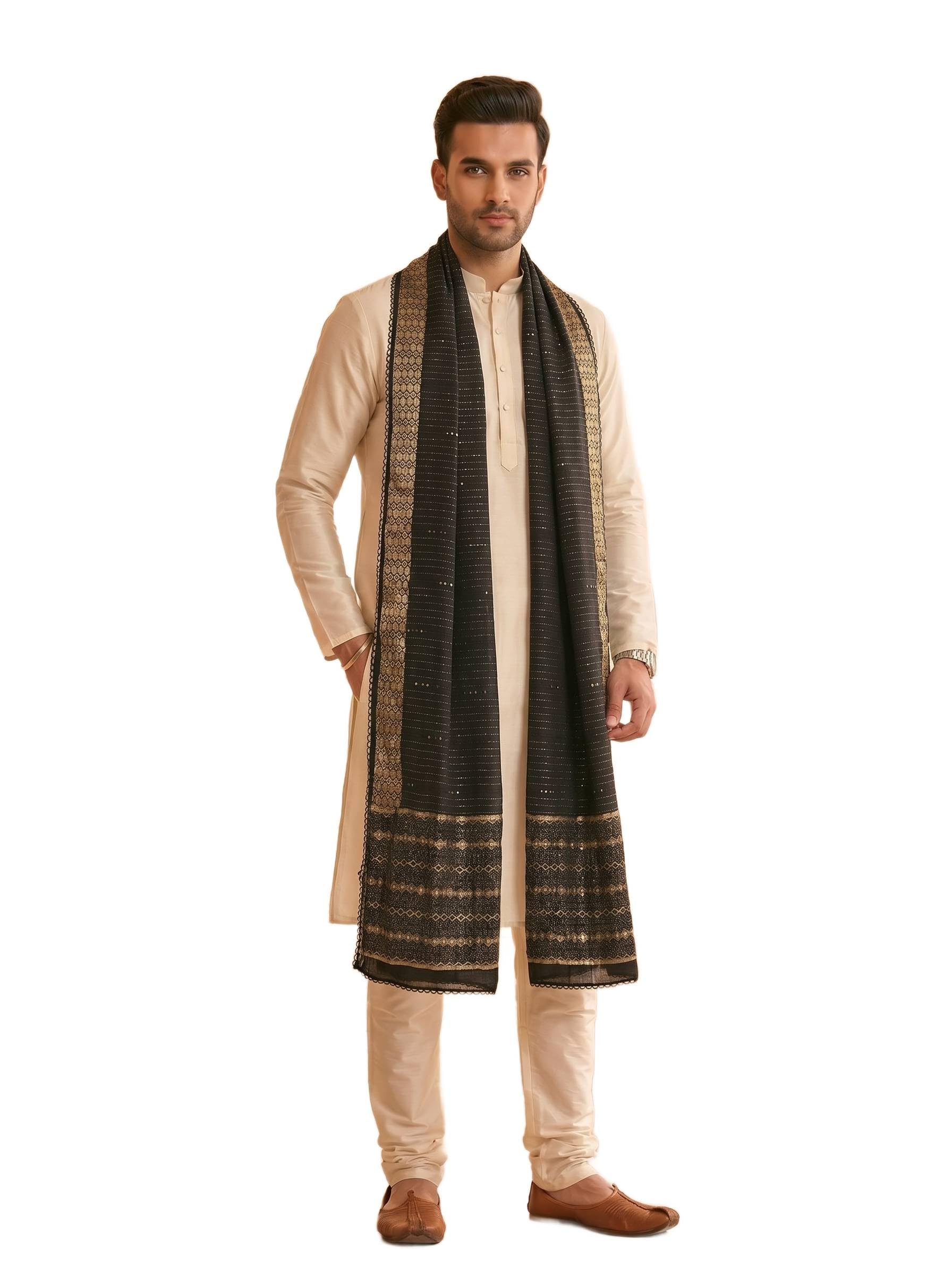 zamour Men’s Soft & Lightweight Chanderi Cotton Dupatta with Woven Zari and Sequin Detailing | Perfect for Festival & Wedding-picture-13