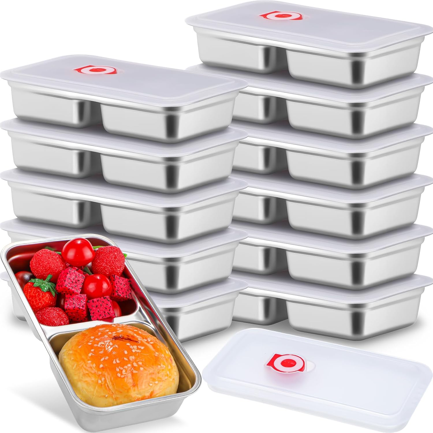 12 Pcs Stainless Steel Snack Containers 30 oz 2-compartment Meal Prep Containers Reusable Metal Divided Bento Box with Silicone Lids Leakproof Lunch Box Dishwasher Safe (White)
