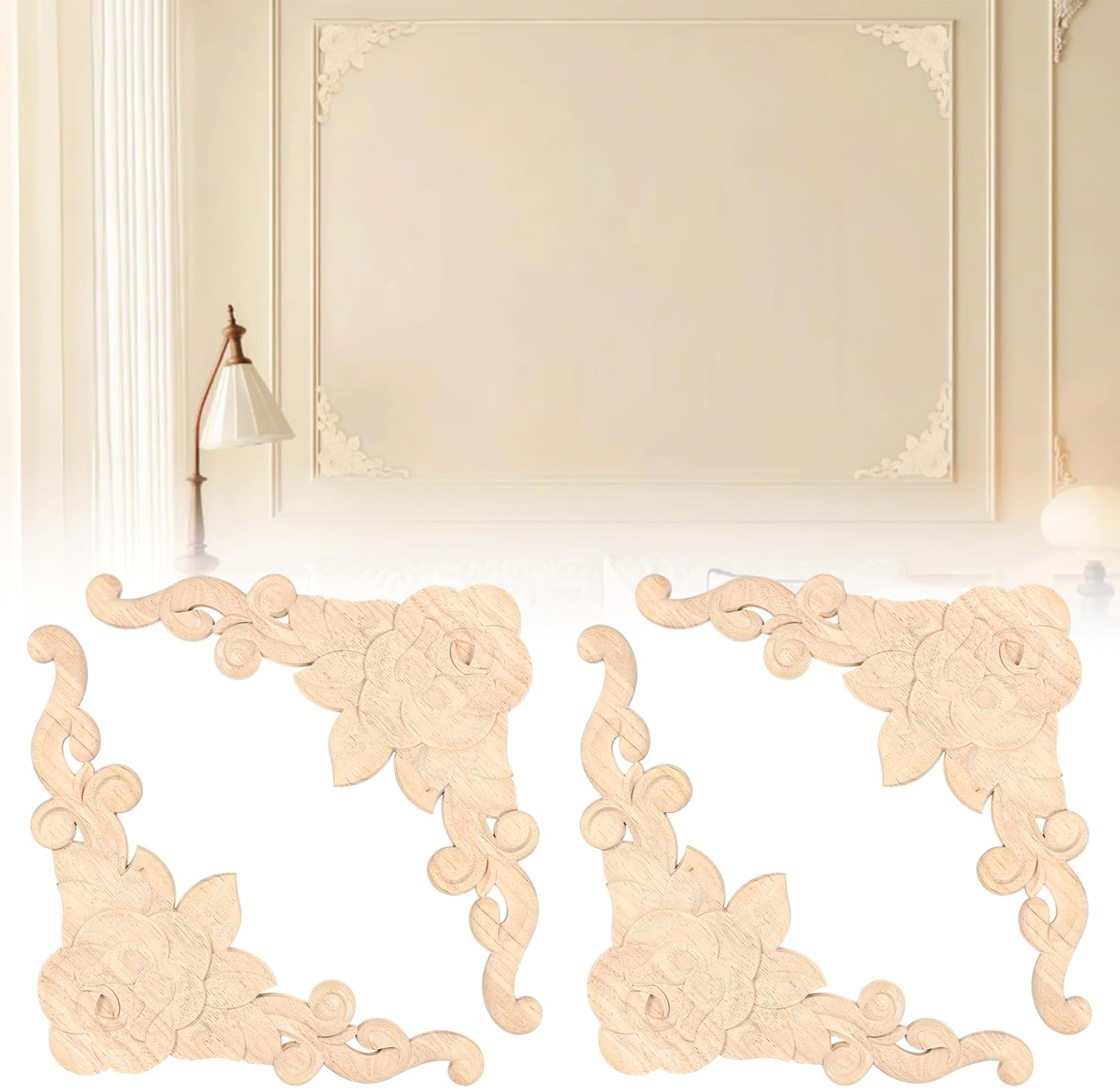 Wood Ceiling Corner Molding Trim 4-Pack, 13.4"x13.4" Carved Floral Wall Panels, French Style Ceiling & Wall Decor for Home