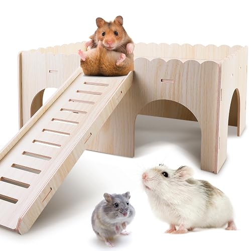 GOEDCH Casa grande para cobayas con rampa 4 entradas: casa de hámster de madera, accesorios para chinchilla