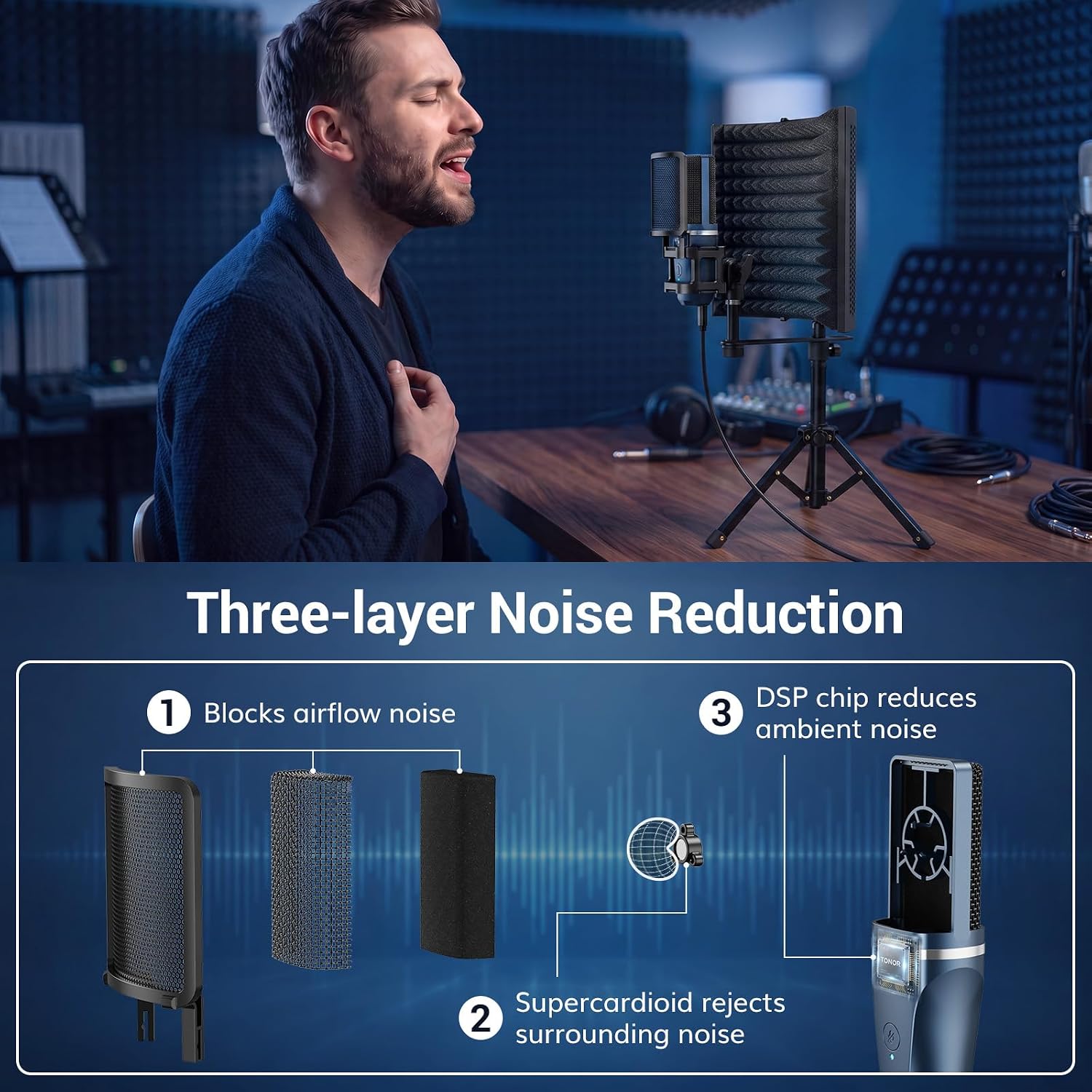 TONOR Studio Recording Microphone with Isolation Shield Set, Acoustic Foam Shield Bundle with Pop Filter & Tripod Stand & Earphone for PC, Laptop, Smartphone, Condenser PC Mic for Podcast, Home Studio image 2