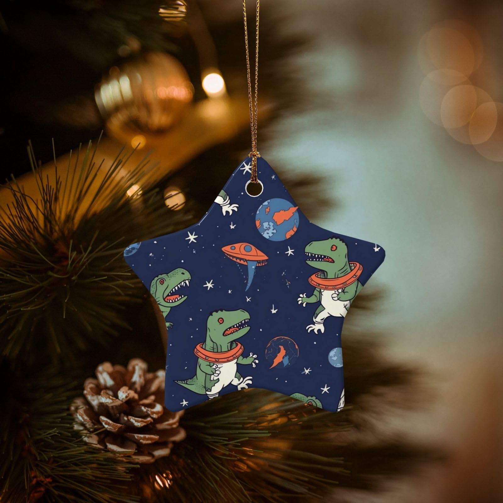 Christmas Ornaments for Christmas Tree Decoration Hanging Funny Astronaut Dinosaur Rocket Ornament with Gold Ribbon Crafts Star Shape Ceramic Pendant for Keepsake Gifts Xmas Decor Party Supplies