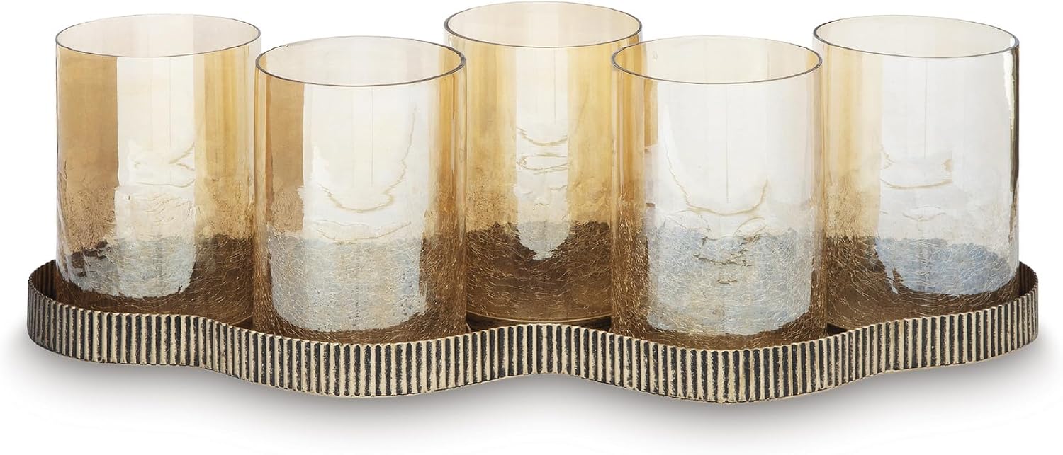 Signature Design by Ashley 5-Light Gold Metal Candle Holder | Tabletop centerpiece, Pale amber glass votives, Antiqued goldtone metal, Fits 3-inch pillar candles, Evereton Series