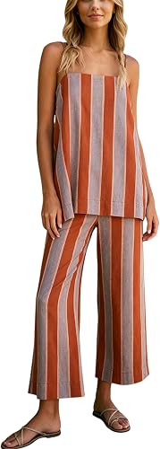 Fameetor Linen Sets for Women 2 Piece Summer Striped Spaghetti Strap Cami Top Wi