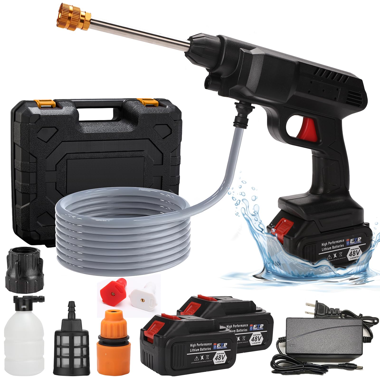 UIEYAKFR 48V Hidrolavadora Inalambrica, Hidrolavadora Portatil con Manguera  5m,2Pcs Batería,Filtro,3 Boquilla etc, Lavadora Presión EléCtrica  InaláMbrica Pistola para lcance de 6-8Metros : Amazon.com.mx: Jardín