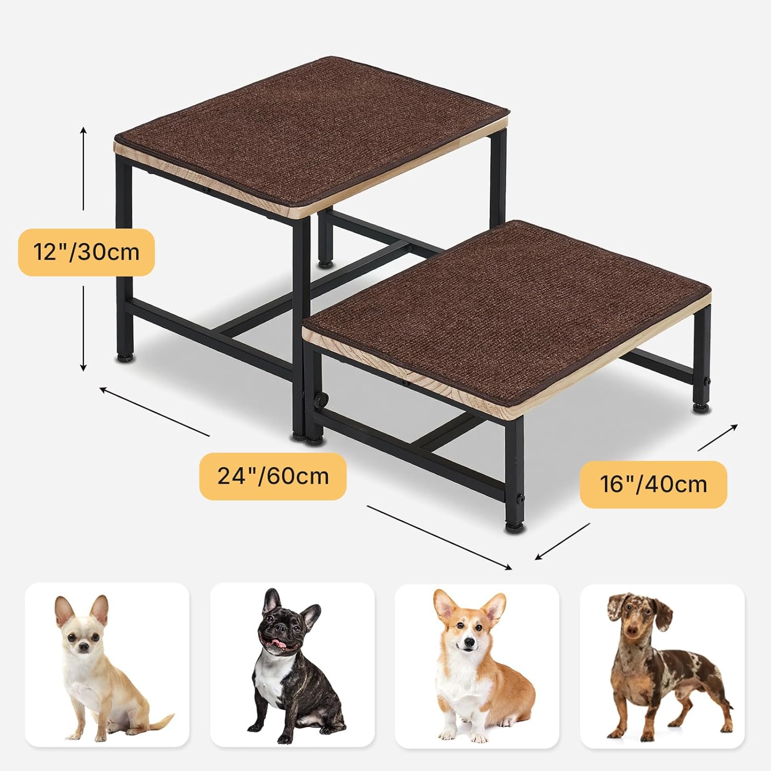 Veehoo Dog Steps for Bed Couch with Metal Frame, 2 Step 12" H Wooden Stairs for Small Dogs to Get on Bed with Non Slip Rug Surface, Portable Puppy Stairs Doggie Steps Doggy Ramp Pet Ladder 16" W