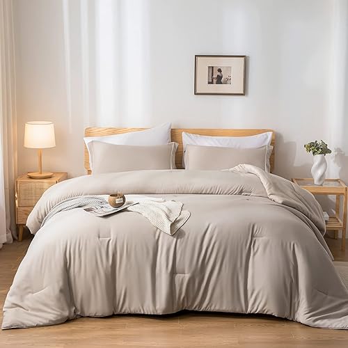 weigelia King Size Comforter Set 7 Pieces Oatmeal Comforter Set King Bed in a Bag Soft Fluffy Bedding Comforter with Sheets, Pillow Shams and Pillowcases for All Season