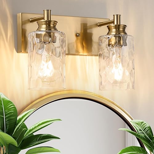Lámpara de tocador de baño de 2 luces, moderna lámpara de baño dorada cepillada sobre espejo con pantalla de vidrio martillado para cocina y pasillo