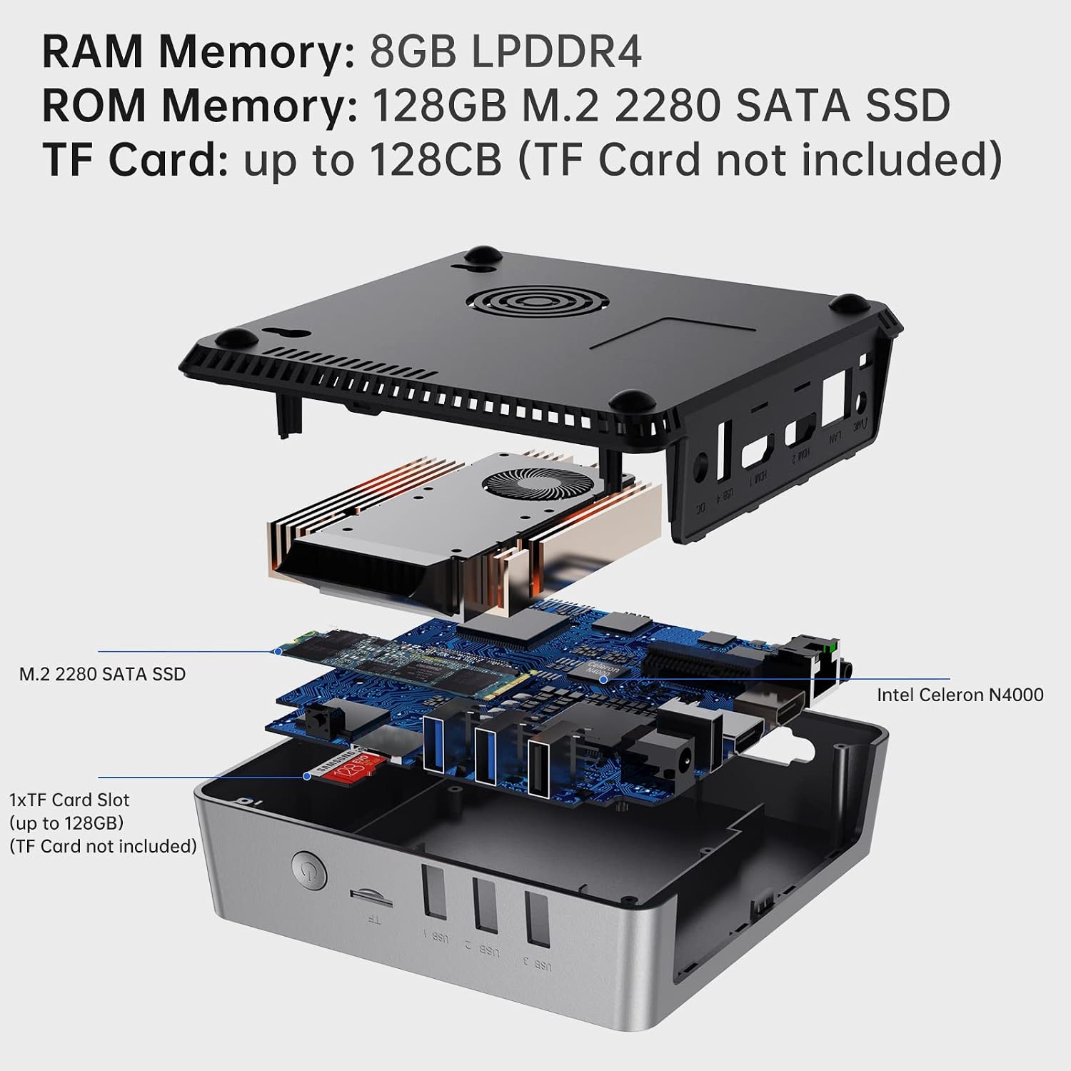 Mini PC Windows 10 Pro 8GB RAM 128GB M.2 SATA SSD, Ιntel Celeron N4000 (up to 2.6GHz) Small Form Factor PC, HDMI 4K HD, 2.4G/5G WiFi, Bluetooth 4.2, Gigabit Ethernet, VESA, Auto Power on Mini Computer