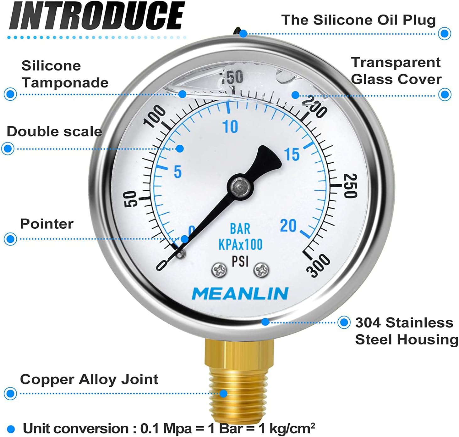 MEANLIN MEASURE 0~300Psi Stainless Steel 1/4" NPT 2.5" FACE DIAL Liquid Filled Pressure Gauge WOG Water Oil Gas Lower Mount : Industrial & Scientific