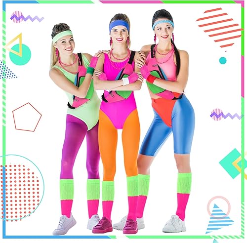 Miniatura 2 de Handepo Juego de 19 accesorios de disfraz de los años 80, diseño retro de los años 80, riñonera de neón de los años 80, banda para el pelo, guantes