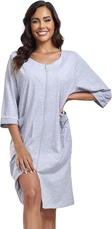 COLORFULLEAF Womens 100% Cotton Robe Lightweight 3/4 Sleeve Zip Front Robes Soft Knee Length Bathrobe Housecoat